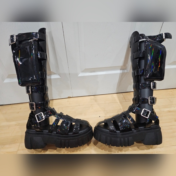 Dolls kill Holographic Oil slick black Club Exx Stage Diver Gladiator Sandals 9 - Picture 8 of 16